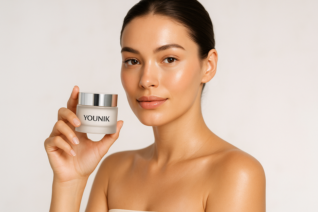 beautiful model with skincare product from Younik