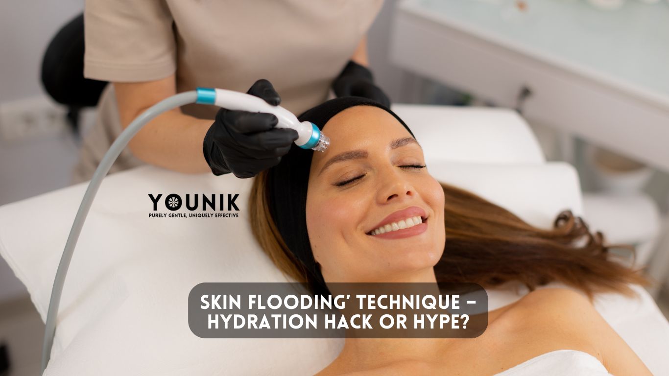 Woman layering hydrating serums for skin flooding technique at home
