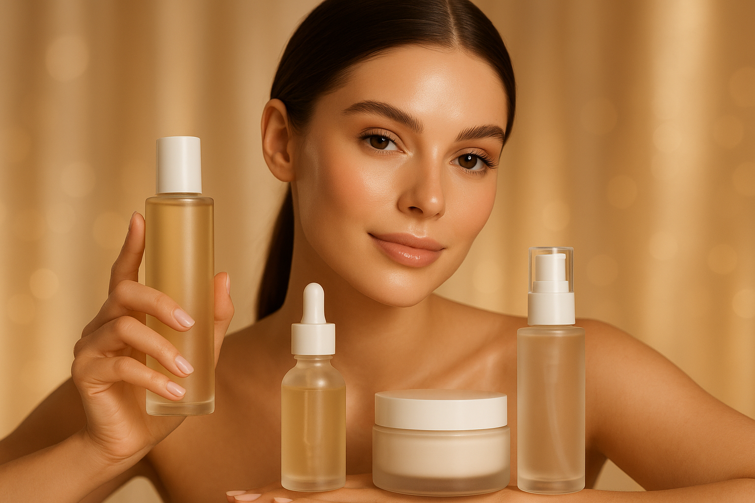 create a beautiful and stunning hot sexy female model with skincare product for main page slider image for a YOUNIK skincare products Home page