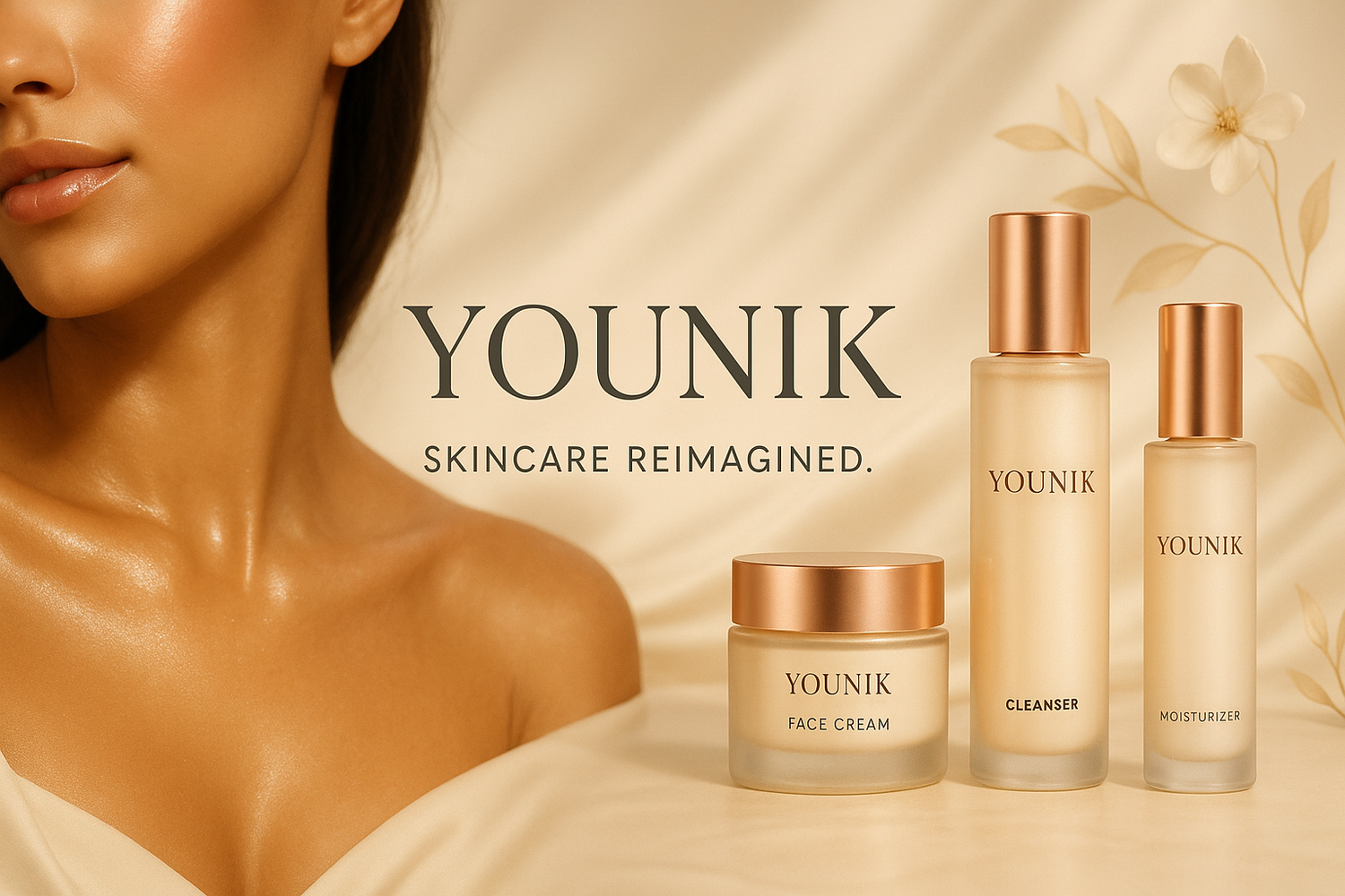 create a beautiful and stunning main page slider image for a YOUNIK skincare products Home page