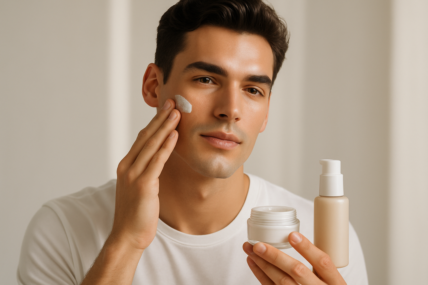 create a beautiful and stunning male model  with skincare for main page slider image for a YOUNIK skincare products Home page